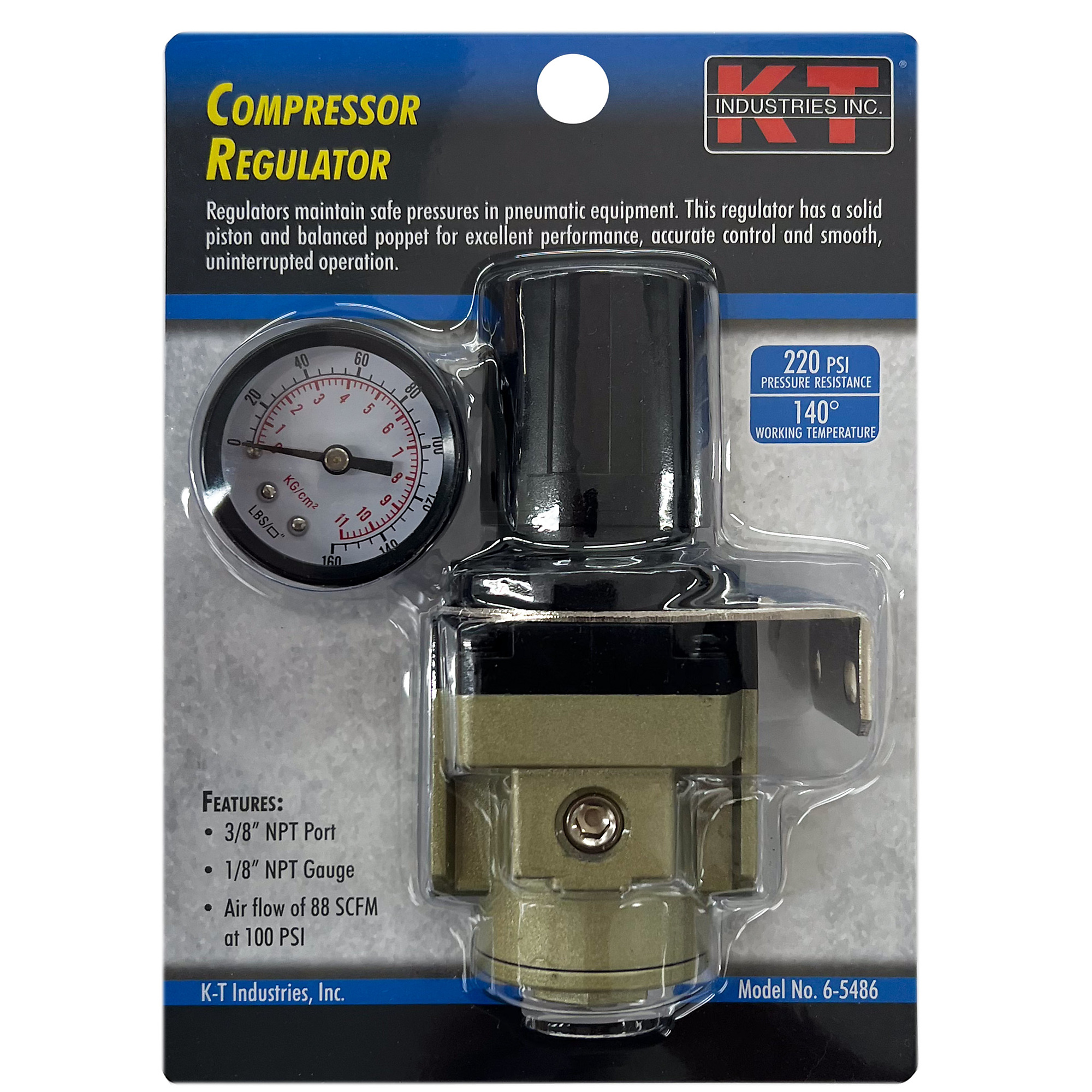 K-T Industries Compressor Regulator — 300 PSI Max Inlet Pressure, 0-125 PSI Delivery Pressure, 3/8in. NPT, Model# 6-5486